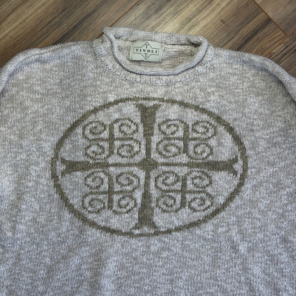 Tivoli Womens Cotton Linen Celtic Cross Knit Sweater Roll Neck Oatmeal Medium